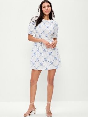 Old Navy Blue and White Floral Puff-Sleeve Mini Dress